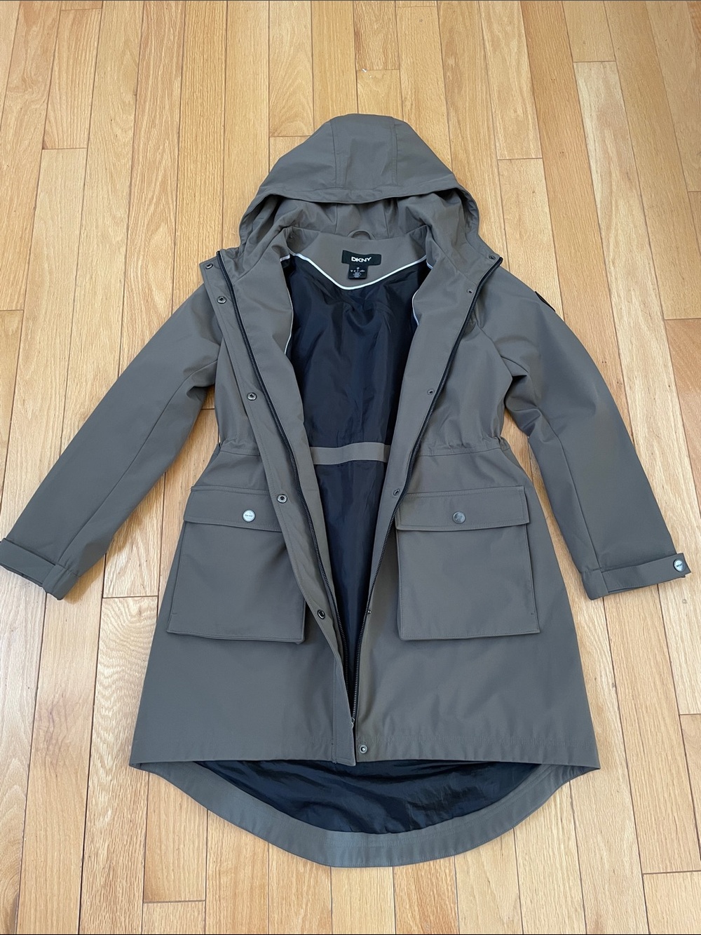 DKNY Hooded Trench Coat in Olive